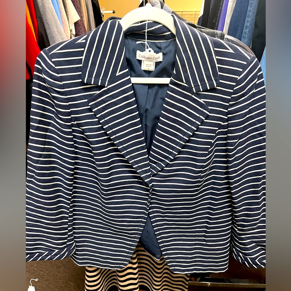 Cold Water Creek Navy Blue and White Striped Blazer size 8